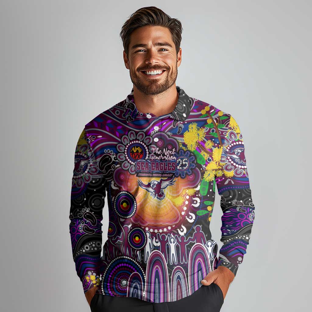 Personalised NAIDOC Week 2025 Sea Eagles Rugby Long Sleeve Polo Shirt Aboriginal Dot Painting