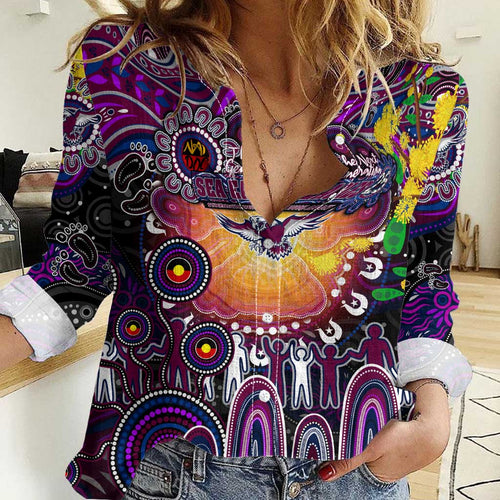 Personalised NAIDOC Week 2025 Sea Eagles Rugby Women Casual Shirt Aboriginal Dot Painting