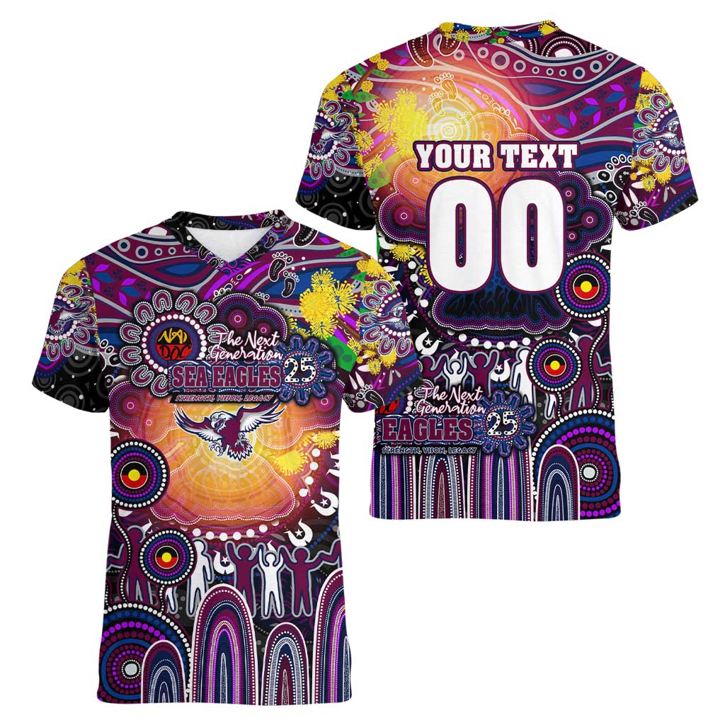 Personalised NAIDOC Week 2025 Sea Eagles Rugby Women V-Neck T-Shirt Aboriginal Dot Painting