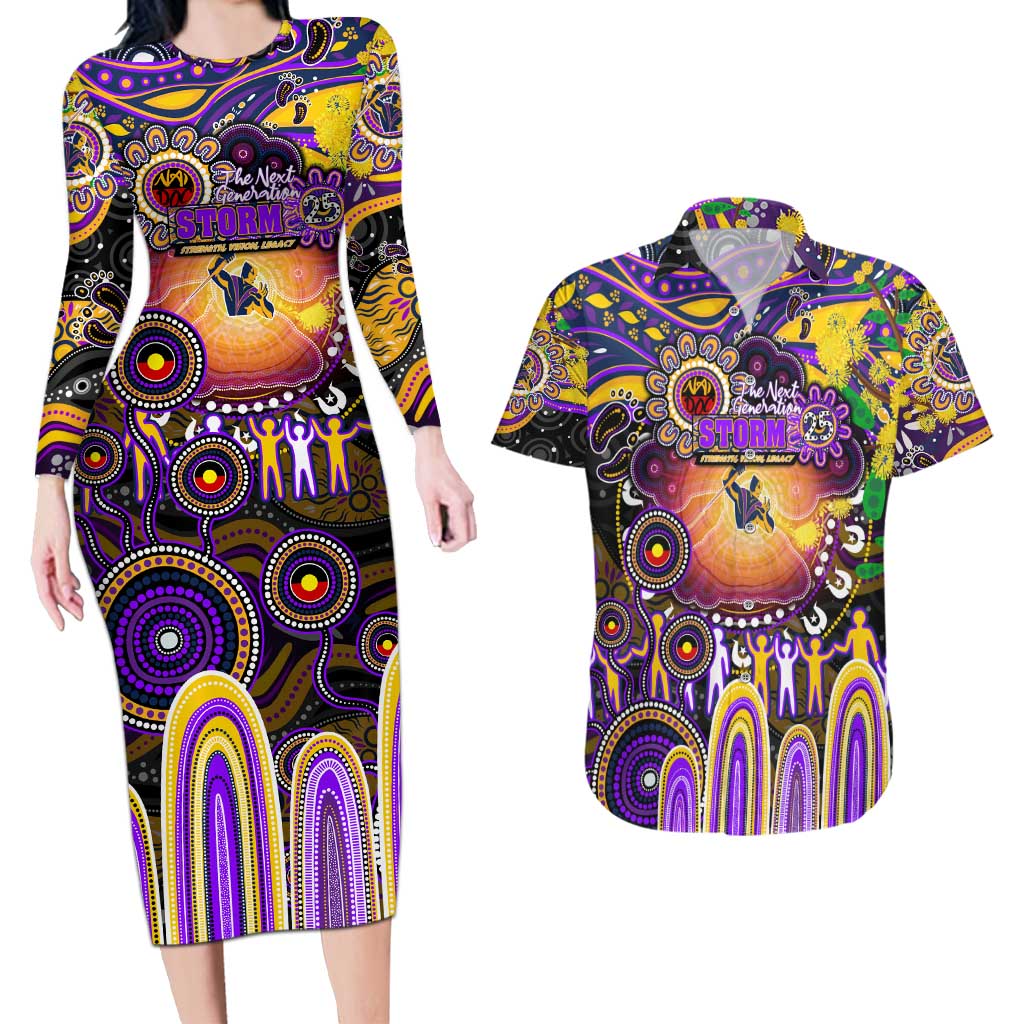 Personalised NAIDOC Week 2025 Storm Rugby Couples Matching Long Sleeve Bodycon Dress and Hawaiian Shirt Aboriginal Dot Painting