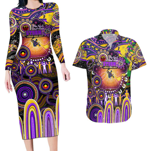 Personalised NAIDOC Week 2025 Storm Rugby Couples Matching Long Sleeve Bodycon Dress and Hawaiian Shirt Aboriginal Dot Painting