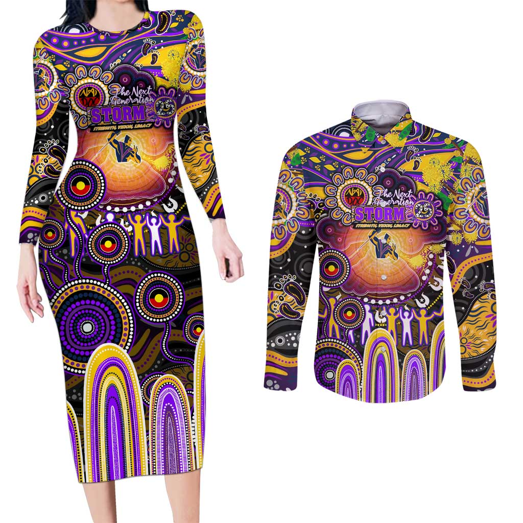 Personalised NAIDOC Week 2025 Storm Rugby Couples Matching Long Sleeve Bodycon Dress and Long Sleeve Button Shirt Aboriginal Dot Painting