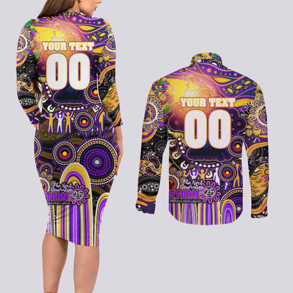 Personalised NAIDOC Week 2025 Storm Rugby Couples Matching Long Sleeve Bodycon Dress and Long Sleeve Button Shirt Aboriginal Dot Painting