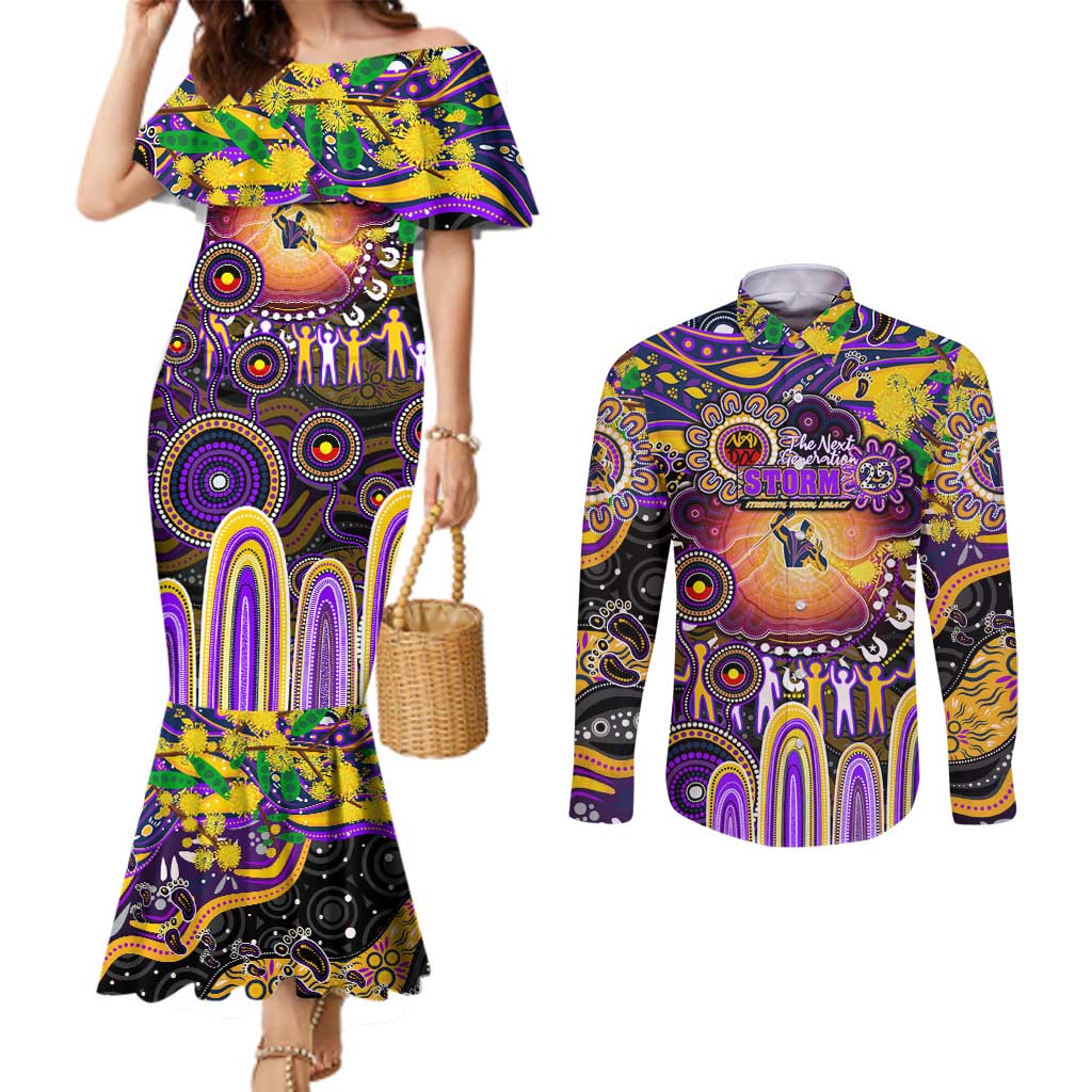 Personalised NAIDOC Week 2025 Storm Rugby Couples Matching Mermaid Dress and Long Sleeve Button Shirt Aboriginal Dot Painting