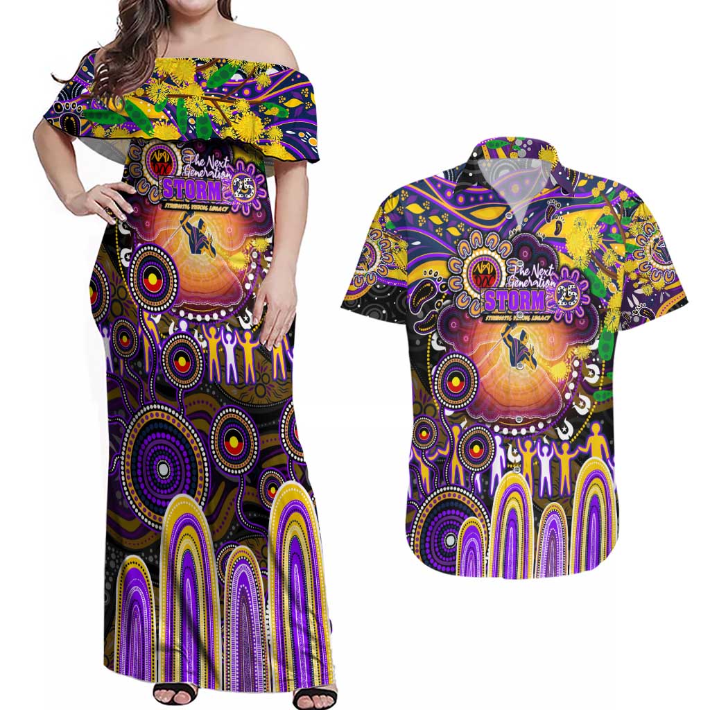 Personalised NAIDOC Week 2025 Storm Rugby Couples Matching Off Shoulder Maxi Dress and Hawaiian Shirt Aboriginal Dot Painting