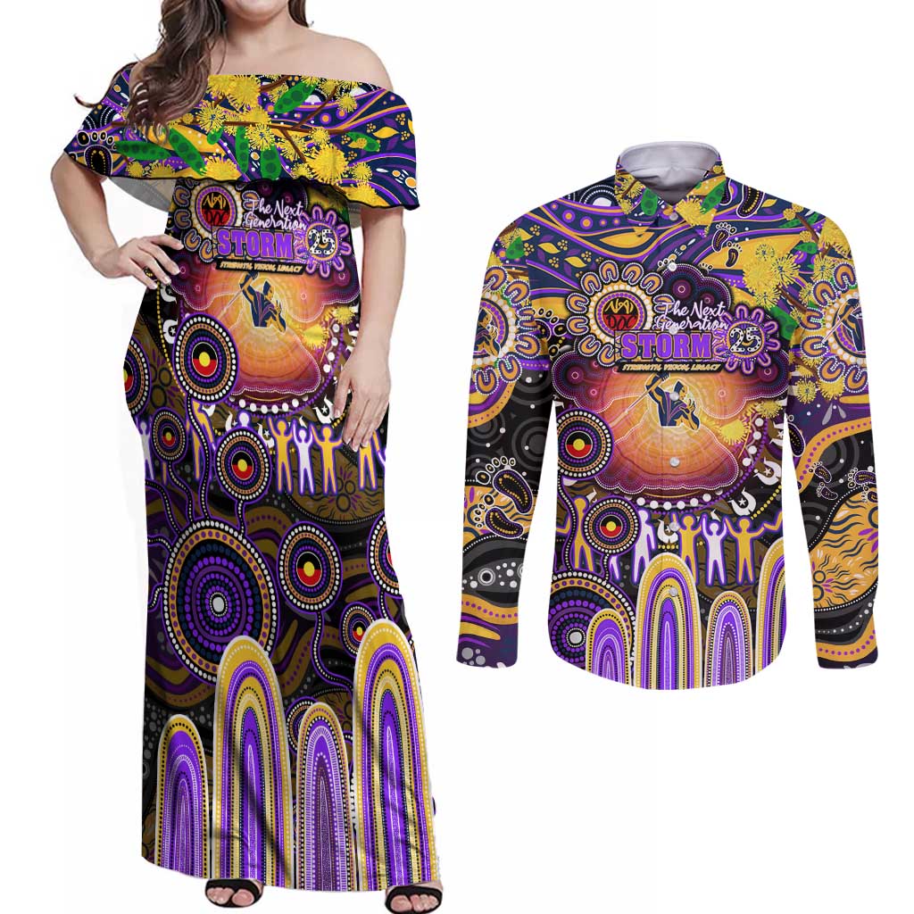 Personalised NAIDOC Week 2025 Storm Rugby Couples Matching Off Shoulder Maxi Dress and Long Sleeve Button Shirt Aboriginal Dot Painting