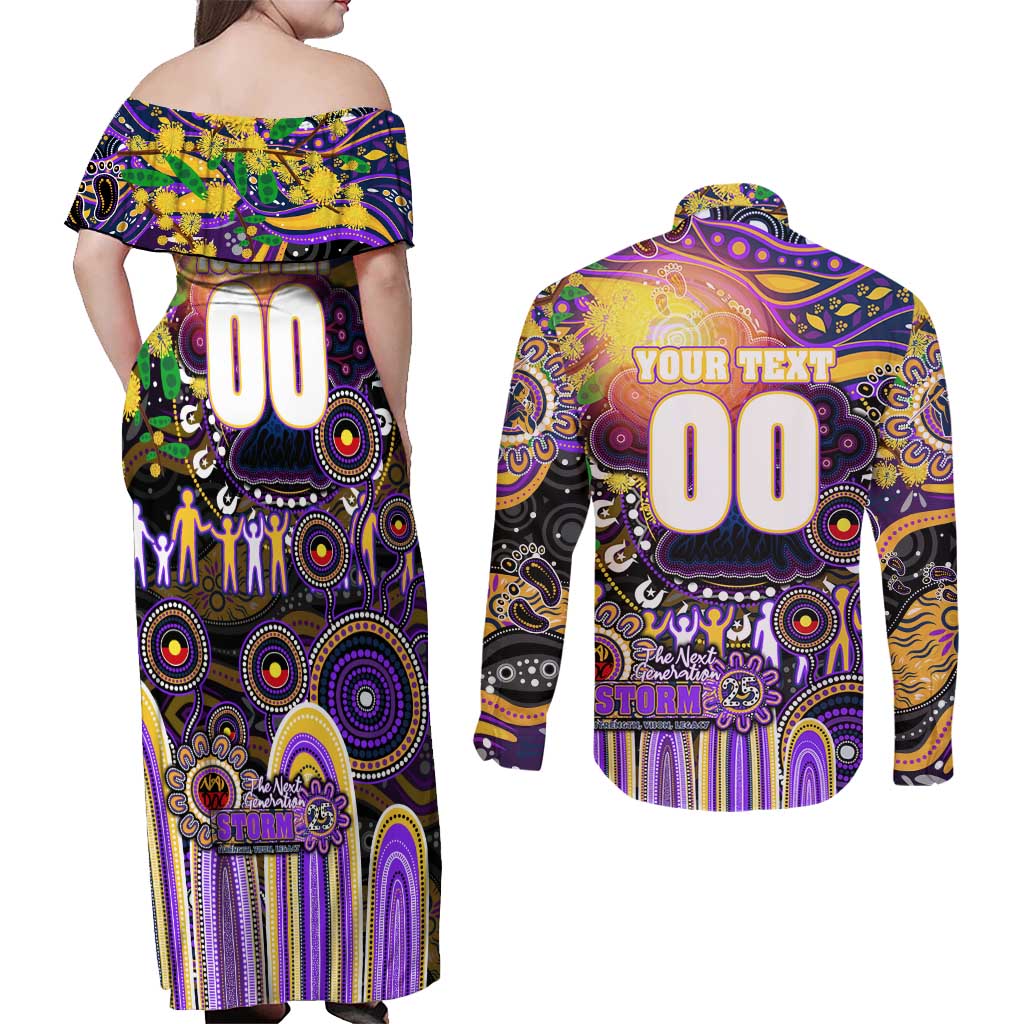 Personalised NAIDOC Week 2025 Storm Rugby Couples Matching Off Shoulder Maxi Dress and Long Sleeve Button Shirt Aboriginal Dot Painting