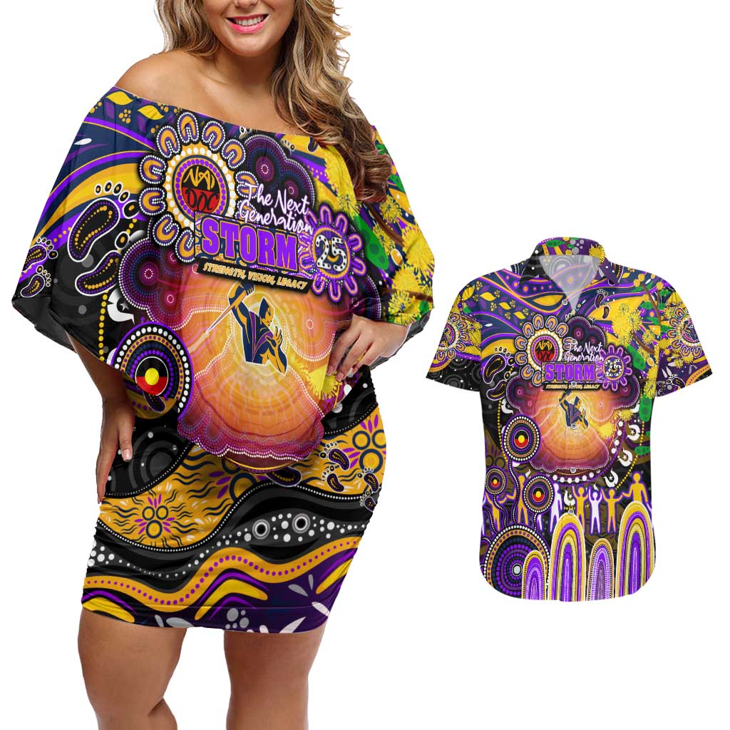 Personalised NAIDOC Week 2025 Storm Rugby Couples Matching Off Shoulder Short Dress and Hawaiian Shirt Aboriginal Dot Painting