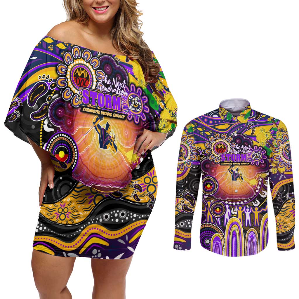 Personalised NAIDOC Week 2025 Storm Rugby Couples Matching Off Shoulder Short Dress and Long Sleeve Button Shirt Aboriginal Dot Painting