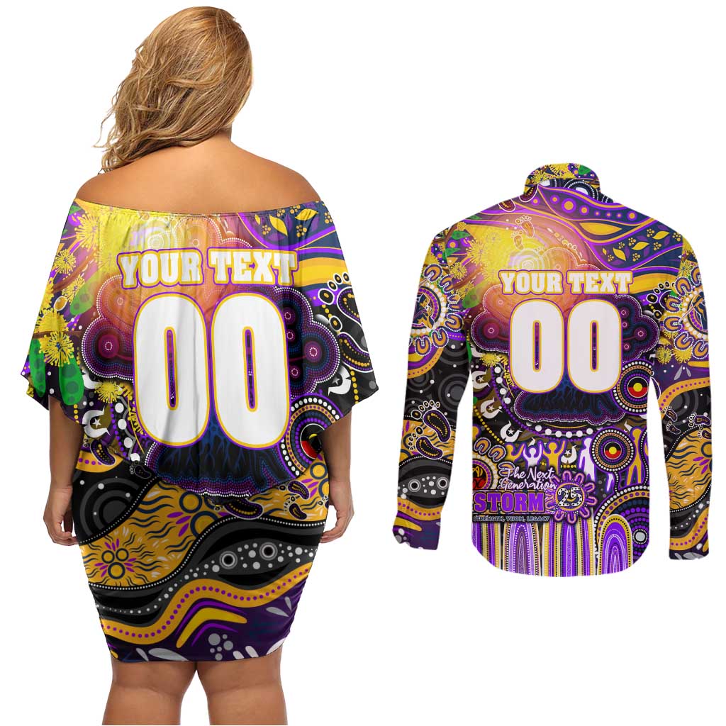 Personalised NAIDOC Week 2025 Storm Rugby Couples Matching Off Shoulder Short Dress and Long Sleeve Button Shirt Aboriginal Dot Painting