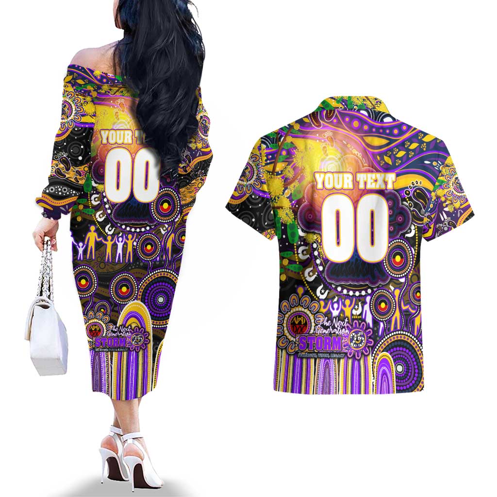 Personalised NAIDOC Week 2025 Storm Rugby Couples Matching Off The Shoulder Long Sleeve Dress and Hawaiian Shirt Aboriginal Dot Painting