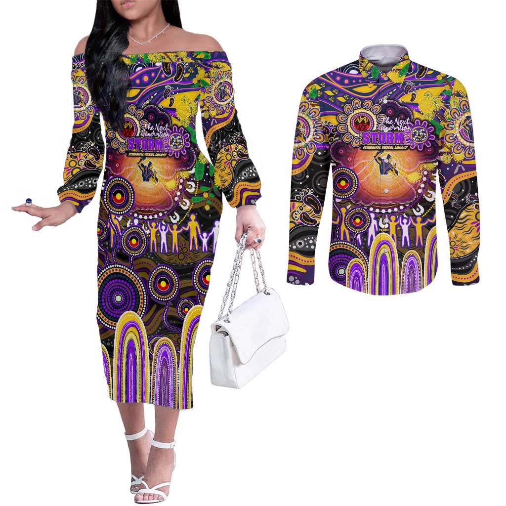 Personalised NAIDOC Week 2025 Storm Rugby Couples Matching Off The Shoulder Long Sleeve Dress and Long Sleeve Button Shirt Aboriginal Dot Painting