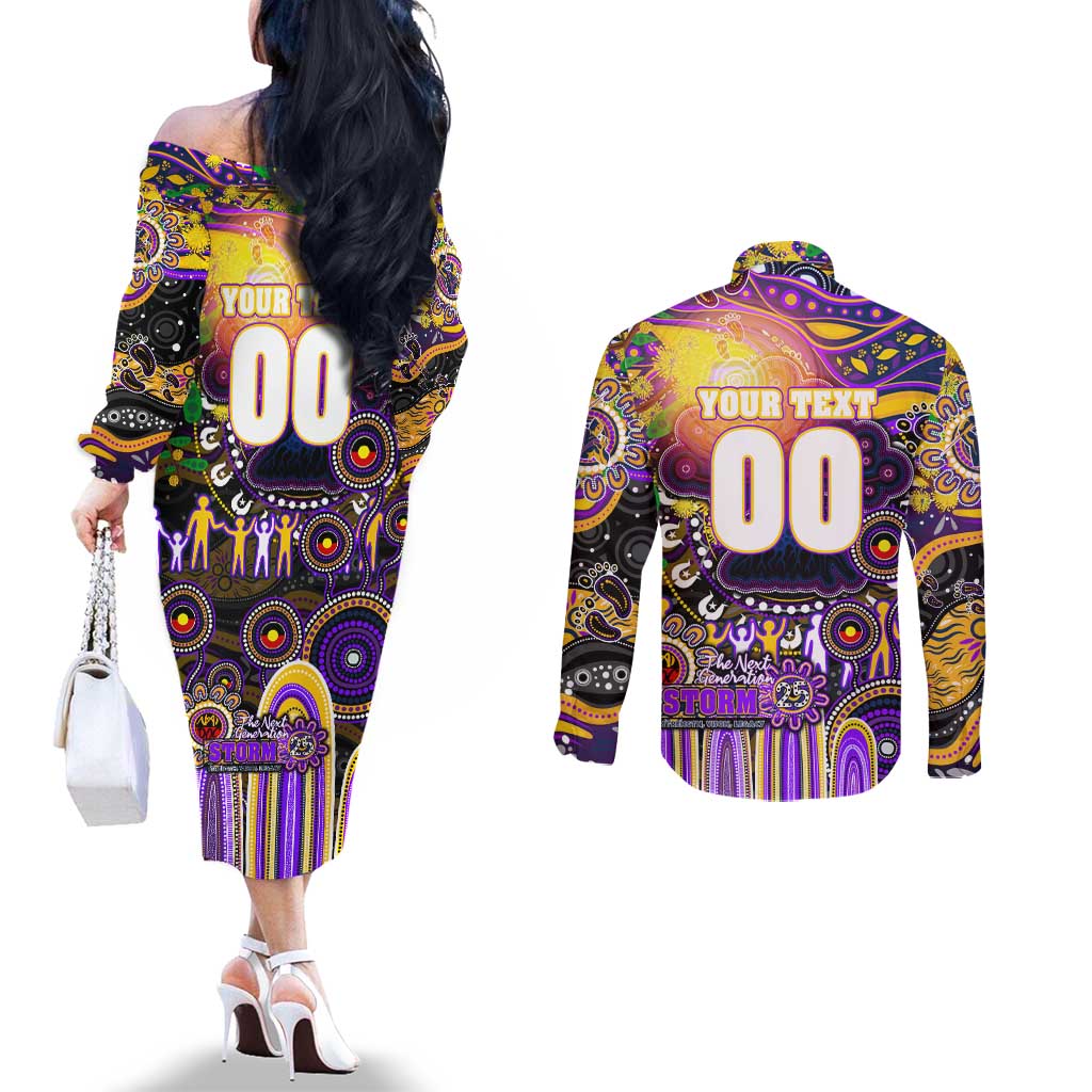 Personalised NAIDOC Week 2025 Storm Rugby Couples Matching Off The Shoulder Long Sleeve Dress and Long Sleeve Button Shirt Aboriginal Dot Painting