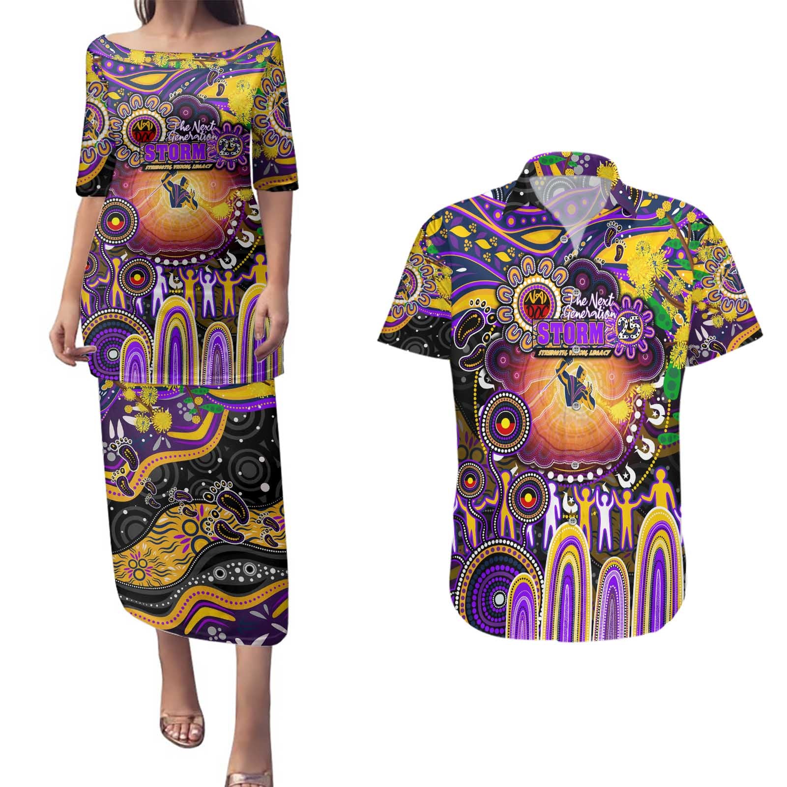 Personalised NAIDOC Week 2025 Storm Rugby Couples Matching Puletasi and Hawaiian Shirt Aboriginal Dot Painting