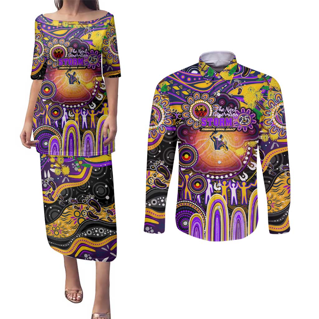 Personalised NAIDOC Week 2025 Storm Rugby Couples Matching Puletasi and Long Sleeve Button Shirt Aboriginal Dot Painting