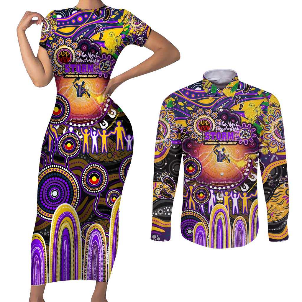 Personalised NAIDOC Week 2025 Storm Rugby Couples Matching Short Sleeve Bodycon Dress and Long Sleeve Button Shirt Aboriginal Dot Painting