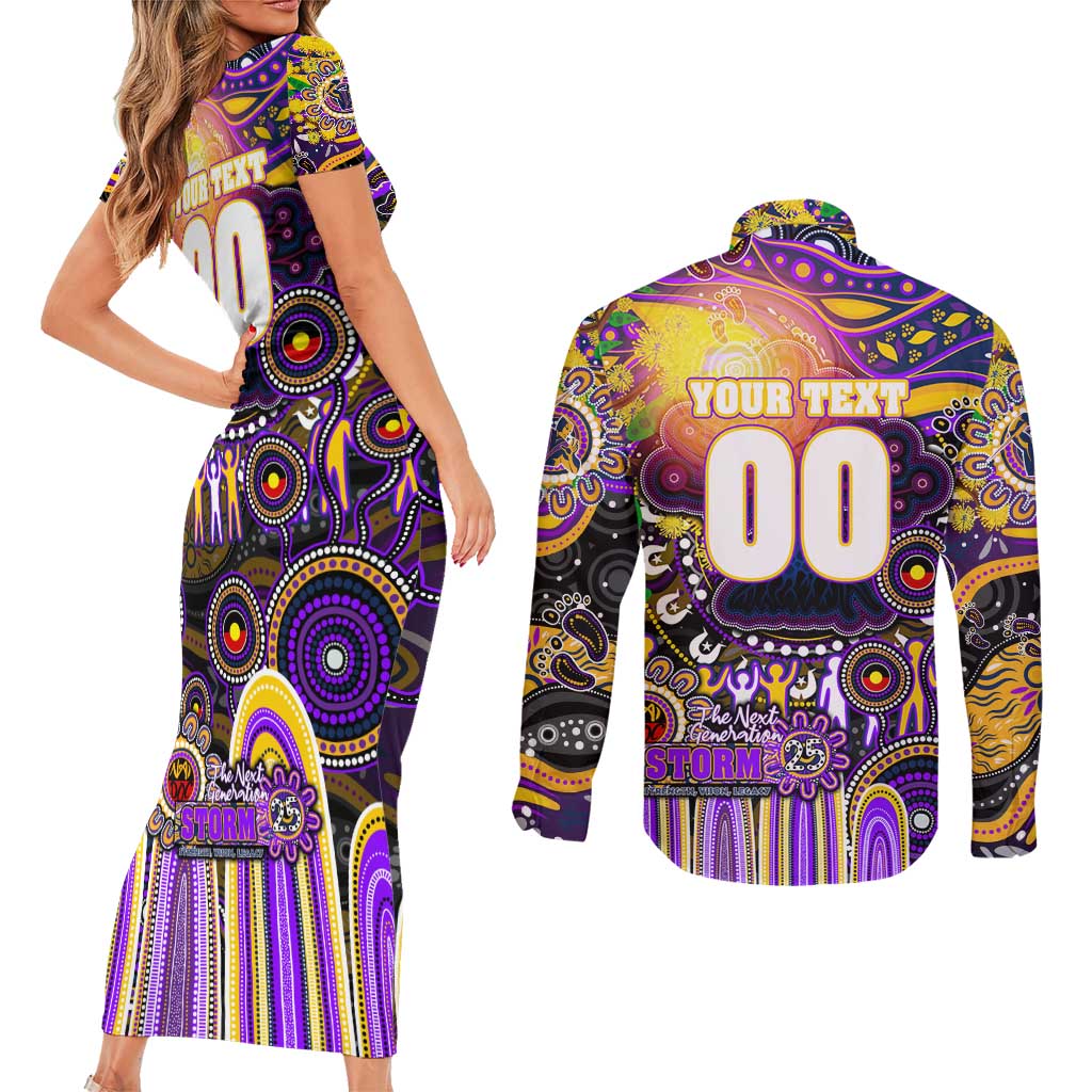Personalised NAIDOC Week 2025 Storm Rugby Couples Matching Short Sleeve Bodycon Dress and Long Sleeve Button Shirt Aboriginal Dot Painting