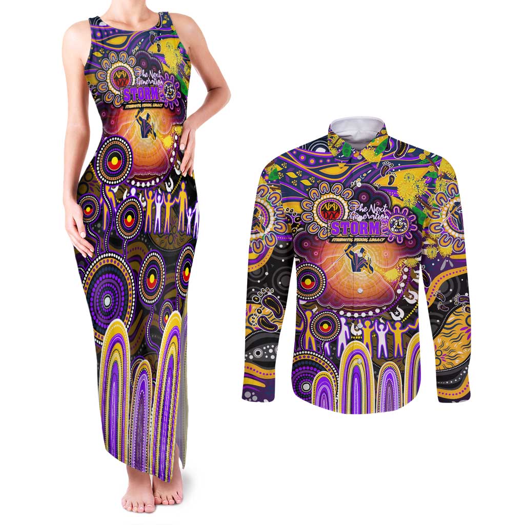 Personalised NAIDOC Week 2025 Storm Rugby Couples Matching Tank Maxi Dress and Long Sleeve Button Shirt Aboriginal Dot Painting