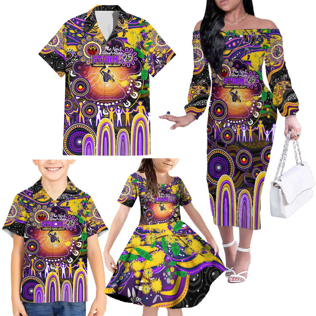 Personalised NAIDOC Week 2025 Storm Rugby Family Matching Off The Shoulder Long Sleeve Dress and Hawaiian Shirt Aboriginal Dot Painting