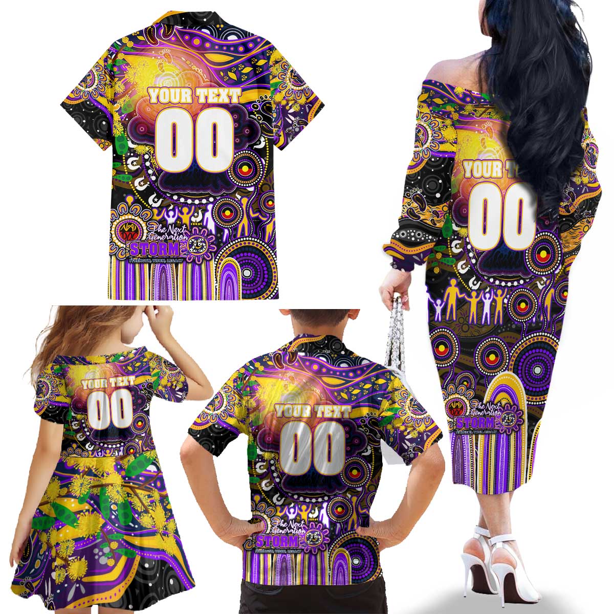 Personalised NAIDOC Week 2025 Storm Rugby Family Matching Off The Shoulder Long Sleeve Dress and Hawaiian Shirt Aboriginal Dot Painting