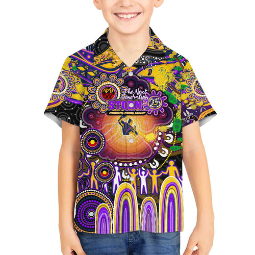 Personalised NAIDOC Week 2025 Storm Rugby Family Matching Off The Shoulder Long Sleeve Dress and Hawaiian Shirt Aboriginal Dot Painting