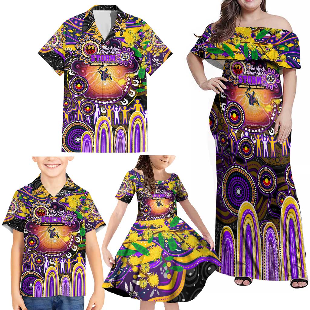 Personalised NAIDOC Week 2025 Storm Rugby Family Matching Off Shoulder Maxi Dress and Hawaiian Shirt Aboriginal Dot Painting