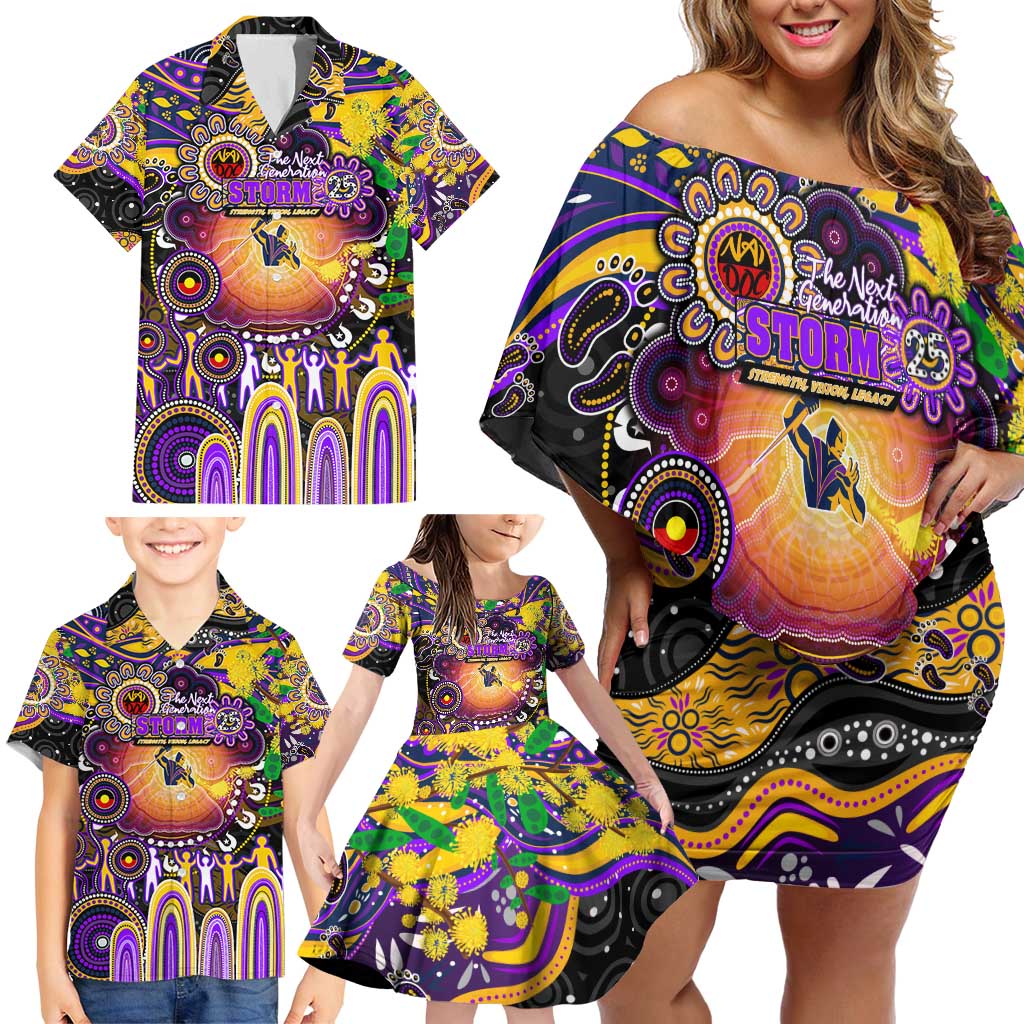 Personalised NAIDOC Week 2025 Storm Rugby Family Matching Off Shoulder Short Dress and Hawaiian Shirt Aboriginal Dot Painting