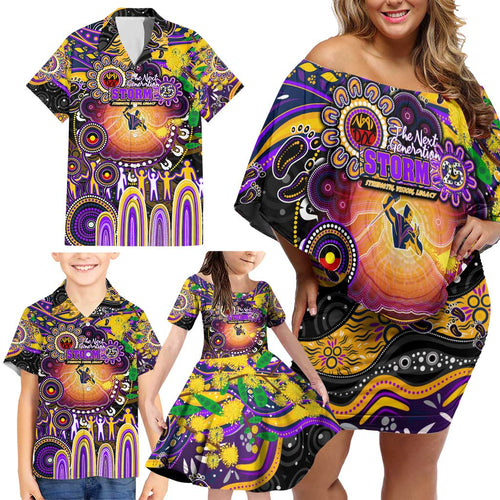 Personalised NAIDOC Week 2025 Storm Rugby Family Matching Off Shoulder Short Dress and Hawaiian Shirt Aboriginal Dot Painting