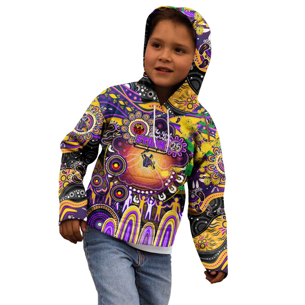Personalised NAIDOC Week 2025 Storm Rugby Kid Hoodie Aboriginal Dot Painting