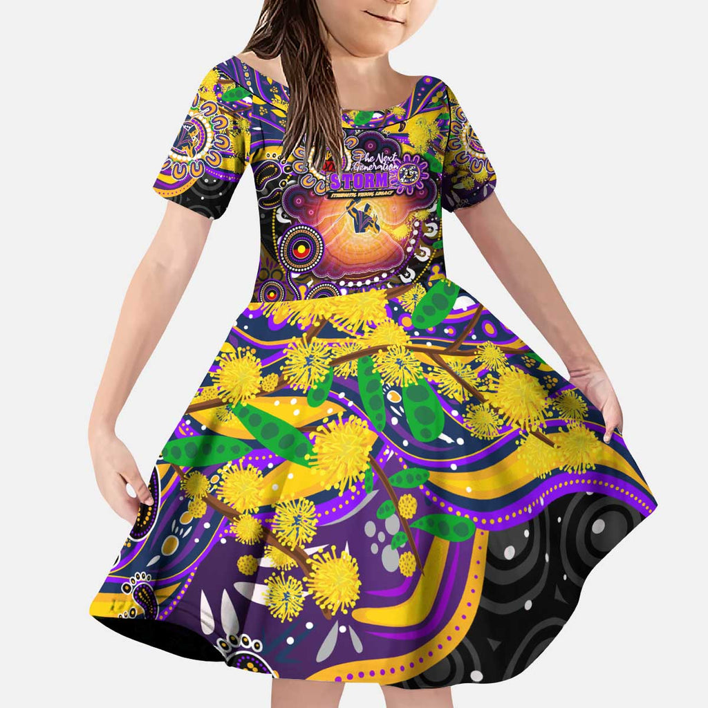 Personalised NAIDOC Week 2025 Storm Rugby Kid Short Sleeve Dress Aboriginal Dot Painting