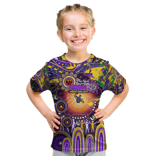 Personalised NAIDOC Week 2025 Storm Rugby Kid T Shirt Aboriginal Dot Painting