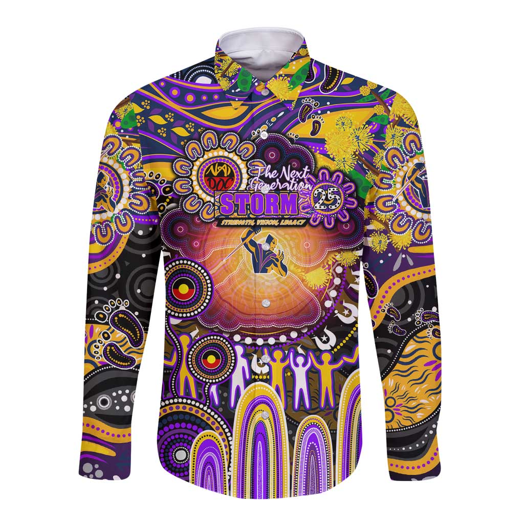 Personalised NAIDOC Week 2025 Storm Rugby Long Sleeve Button Shirt Aboriginal Dot Painting