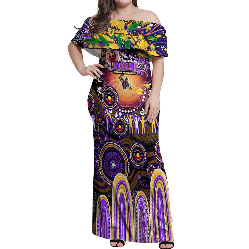 Personalised NAIDOC Week 2025 Storm Rugby Off Shoulder Maxi Dress Aboriginal Dot Painting