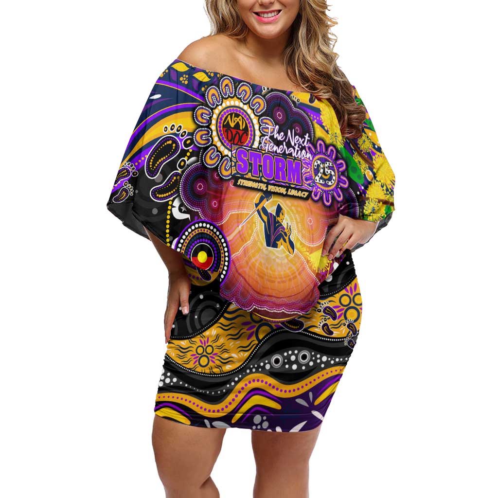 Personalised NAIDOC Week 2025 Storm Rugby Off Shoulder Short Dress Aboriginal Dot Painting