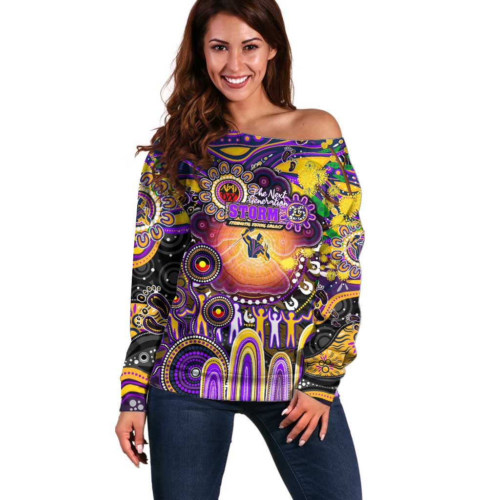 Personalised NAIDOC Week 2025 Storm Rugby Off Shoulder Sweater Aboriginal Dot Painting