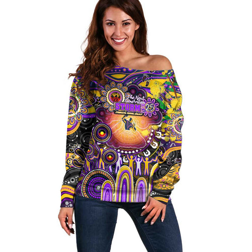 Personalised NAIDOC Week 2025 Storm Rugby Off Shoulder Sweater Aboriginal Dot Painting