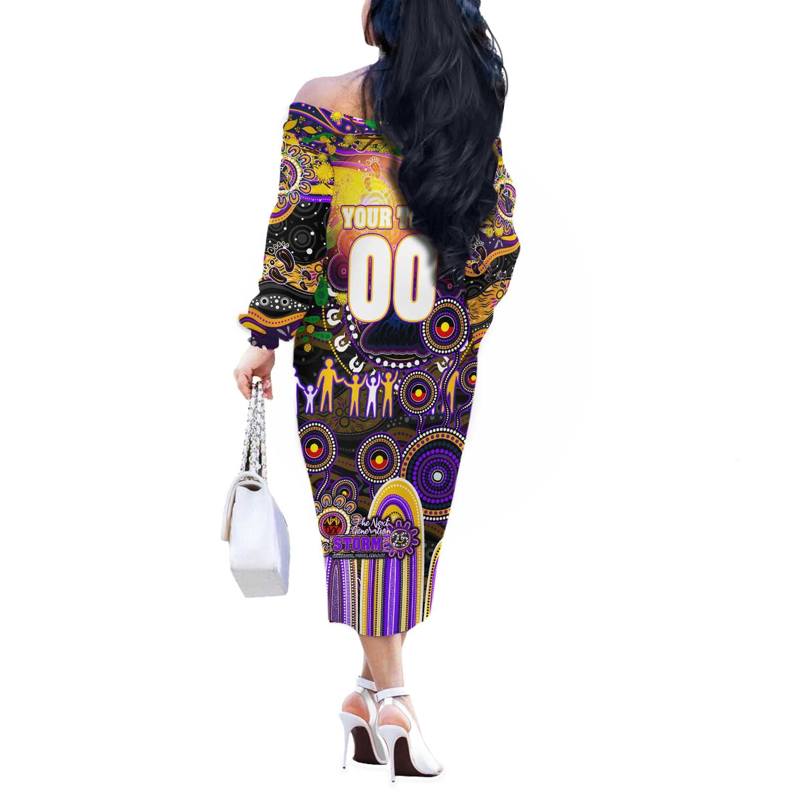 Personalised NAIDOC Week 2025 Storm Rugby Off The Shoulder Long Sleeve Dress Aboriginal Dot Painting