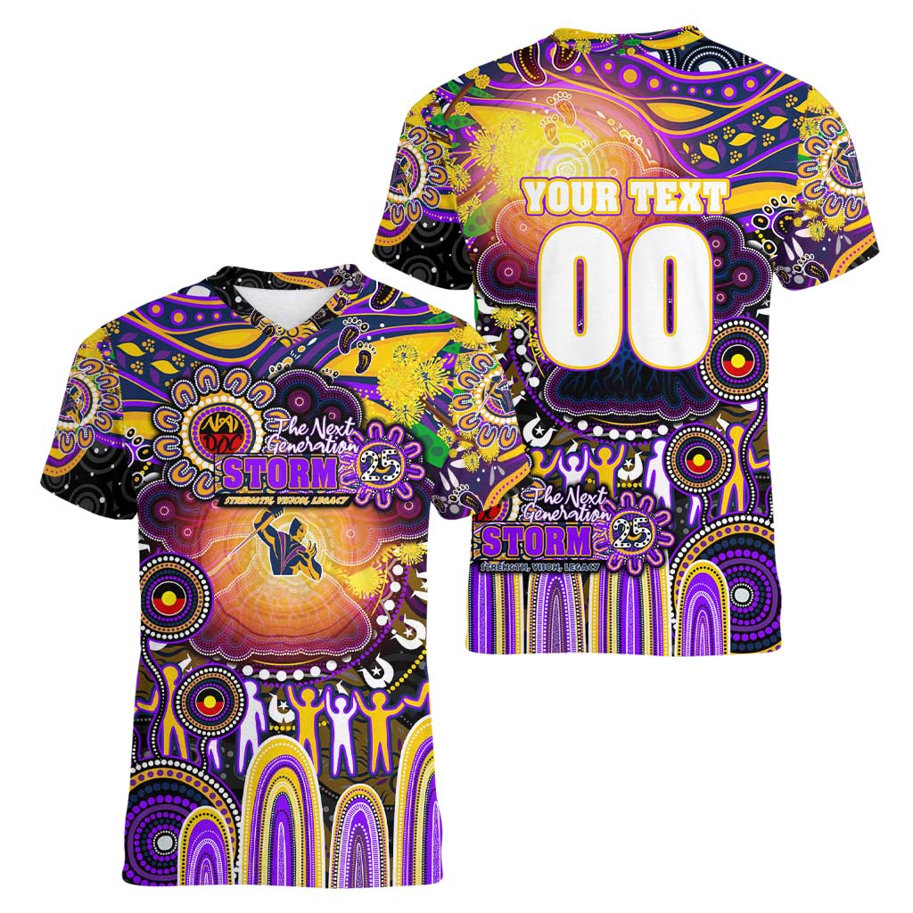 Personalised NAIDOC Week 2025 Storm Rugby Women V-Neck T-Shirt Aboriginal Dot Painting