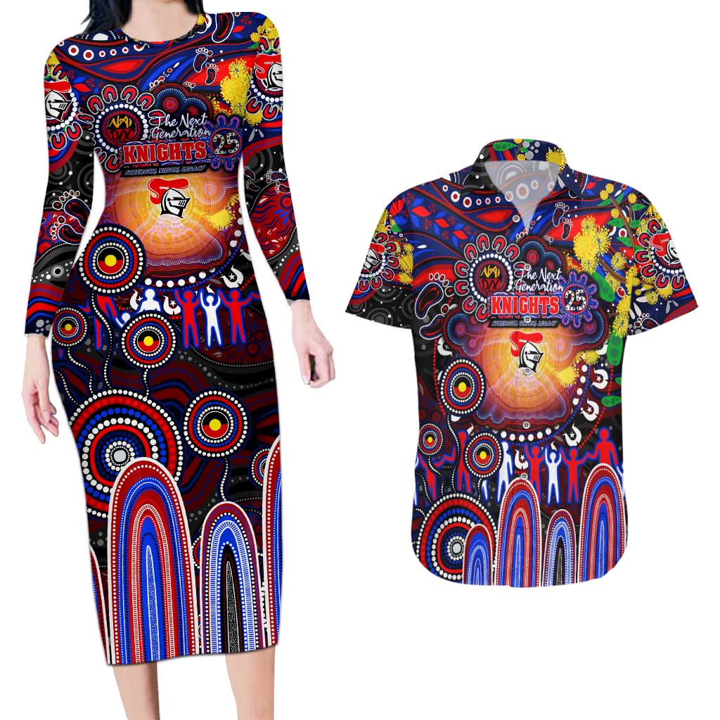 Personalised NAIDOC Week 2025 Knights Rugby Couples Matching Long Sleeve Bodycon Dress and Hawaiian Shirt Aboriginal Dot Painting