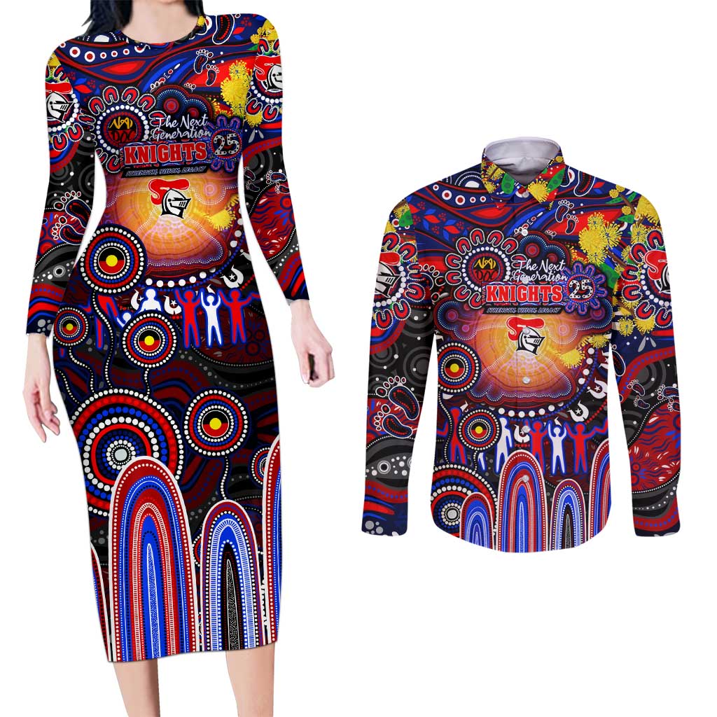 Personalised NAIDOC Week 2025 Knights Rugby Couples Matching Long Sleeve Bodycon Dress and Long Sleeve Button Shirt Aboriginal Dot Painting