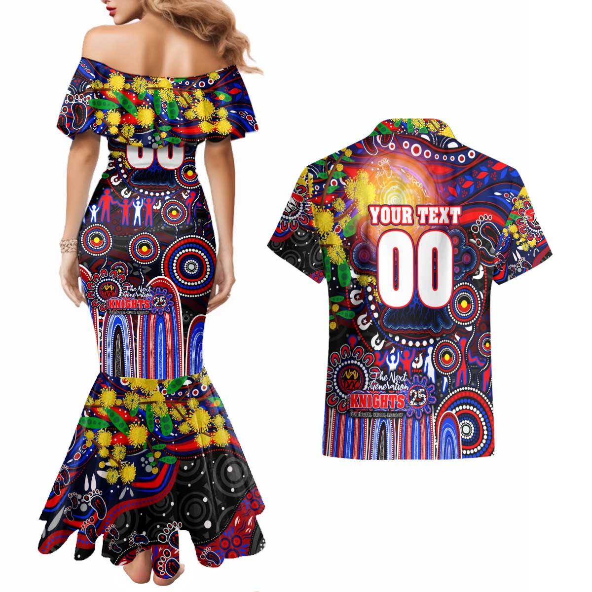 Personalised NAIDOC Week 2025 Knights Rugby Couples Matching Mermaid Dress and Hawaiian Shirt Aboriginal Dot Painting