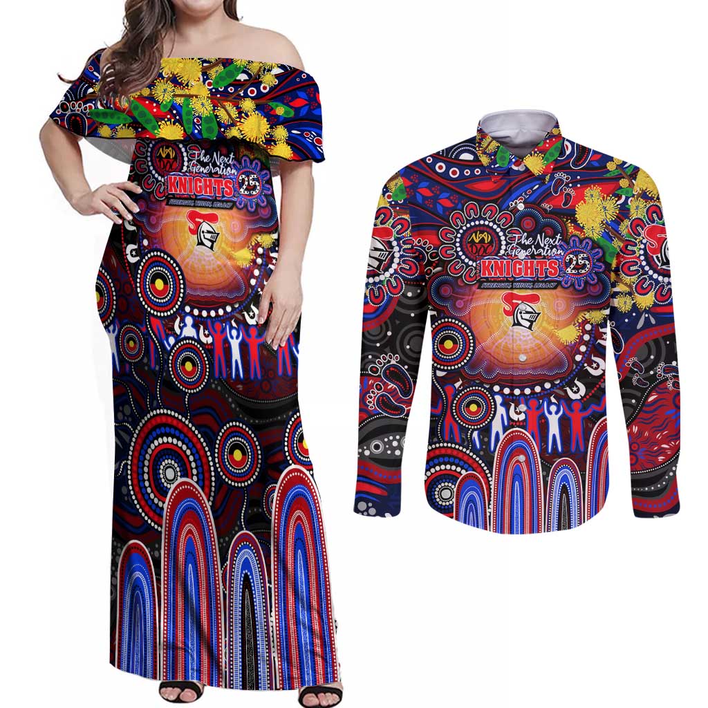 Personalised NAIDOC Week 2025 Knights Rugby Couples Matching Off Shoulder Maxi Dress and Long Sleeve Button Shirt Aboriginal Dot Painting