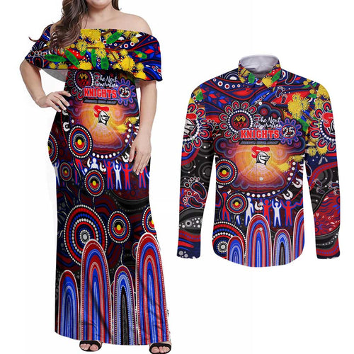 Personalised NAIDOC Week 2025 Knights Rugby Couples Matching Off Shoulder Maxi Dress and Long Sleeve Button Shirt Aboriginal Dot Painting