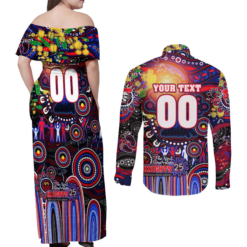 Personalised NAIDOC Week 2025 Knights Rugby Couples Matching Off Shoulder Maxi Dress and Long Sleeve Button Shirt Aboriginal Dot Painting