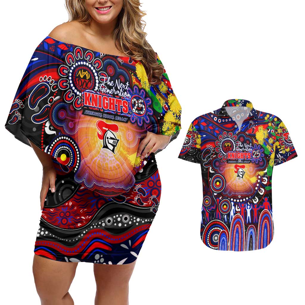 Personalised NAIDOC Week 2025 Knights Rugby Couples Matching Off Shoulder Short Dress and Hawaiian Shirt Aboriginal Dot Painting