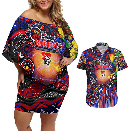 Personalised NAIDOC Week 2025 Knights Rugby Couples Matching Off Shoulder Short Dress and Hawaiian Shirt Aboriginal Dot Painting