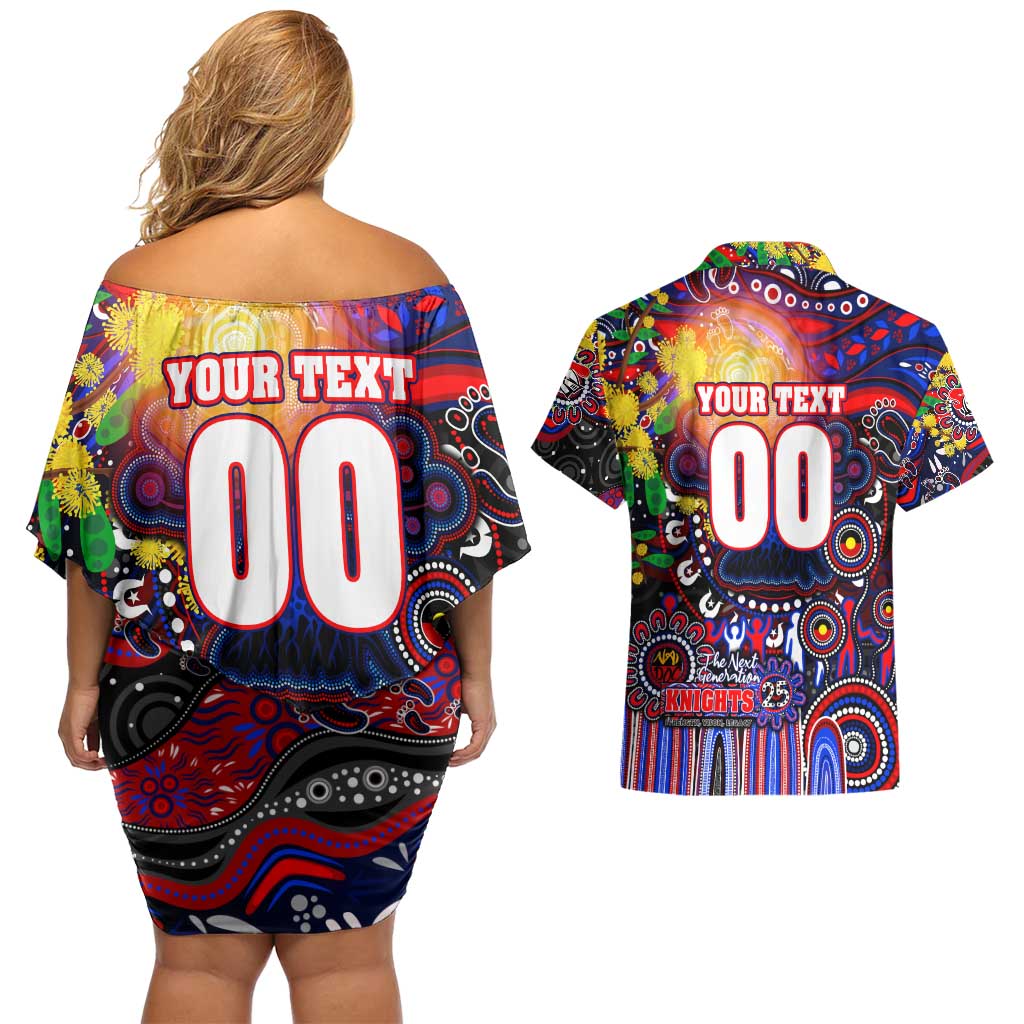 Personalised NAIDOC Week 2025 Knights Rugby Couples Matching Off Shoulder Short Dress and Hawaiian Shirt Aboriginal Dot Painting