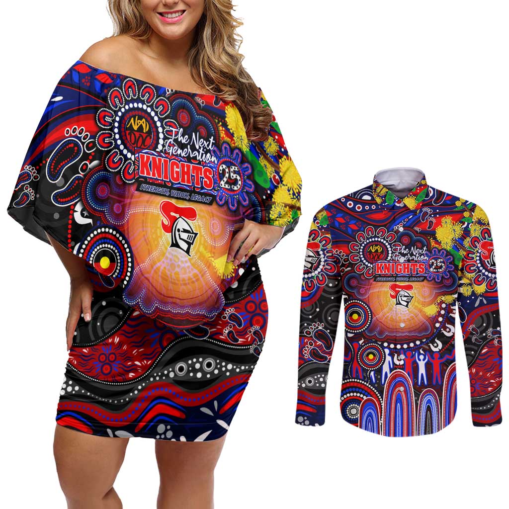 Personalised NAIDOC Week 2025 Knights Rugby Couples Matching Off Shoulder Short Dress and Long Sleeve Button Shirt Aboriginal Dot Painting