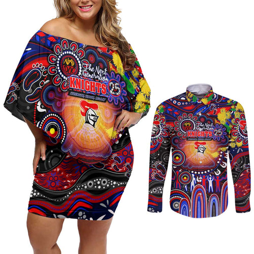 Personalised NAIDOC Week 2025 Knights Rugby Couples Matching Off Shoulder Short Dress and Long Sleeve Button Shirt Aboriginal Dot Painting