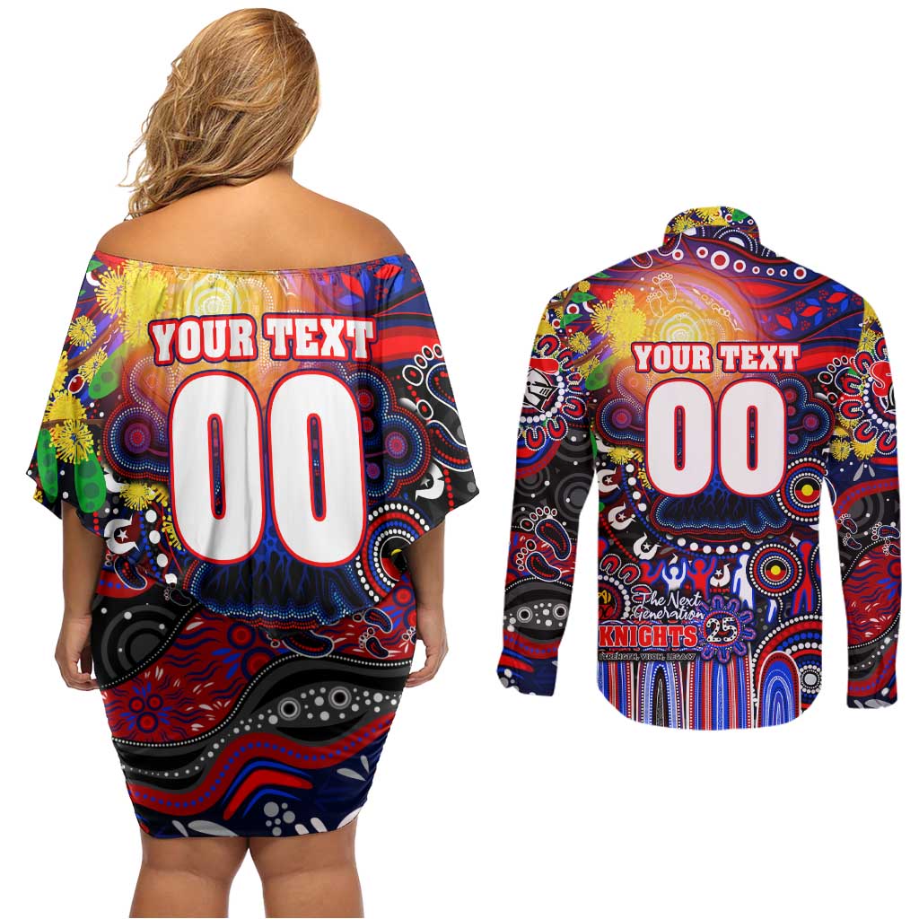 Personalised NAIDOC Week 2025 Knights Rugby Couples Matching Off Shoulder Short Dress and Long Sleeve Button Shirt Aboriginal Dot Painting